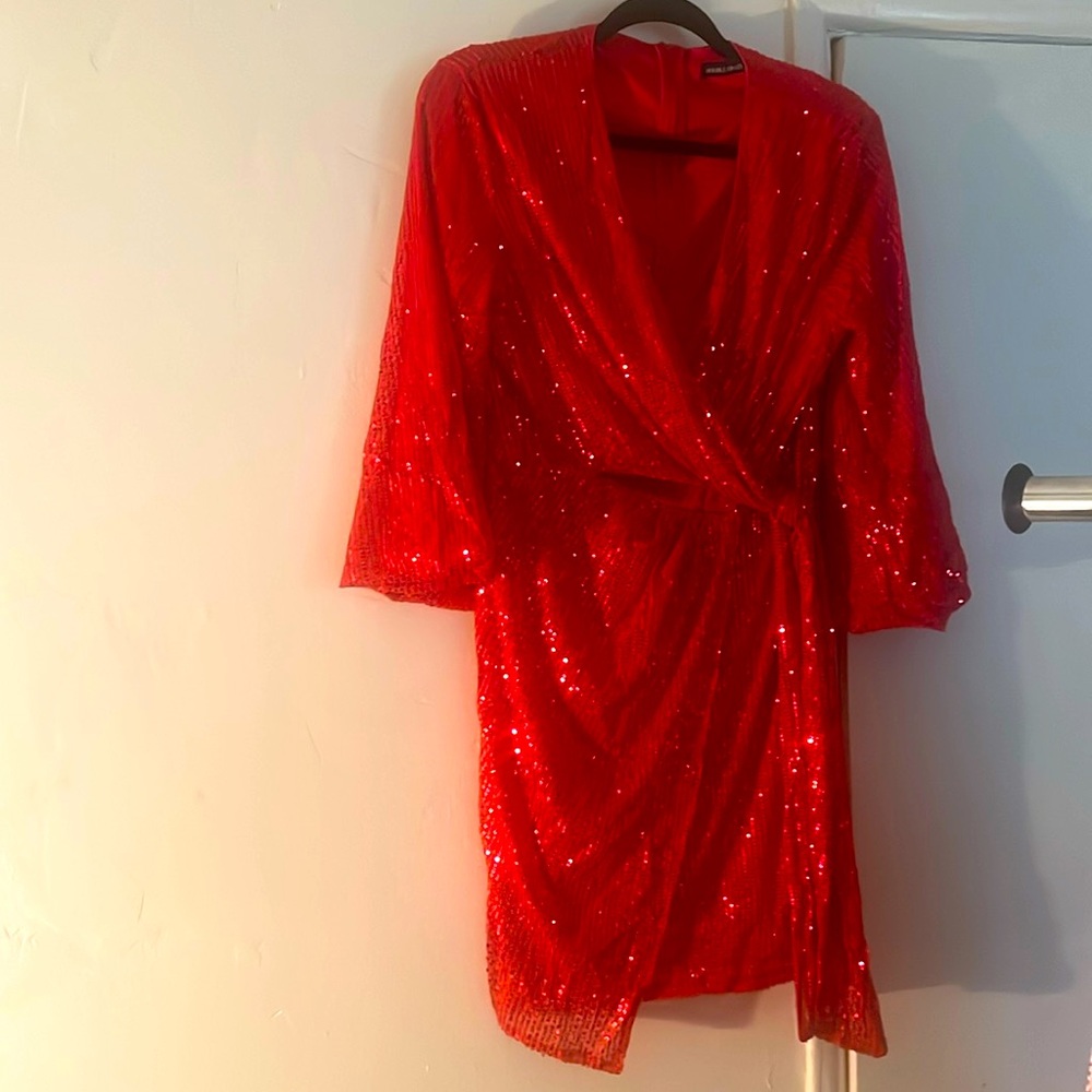 Double Crazy Sequin Wrap Dress Size L Black A- 1871